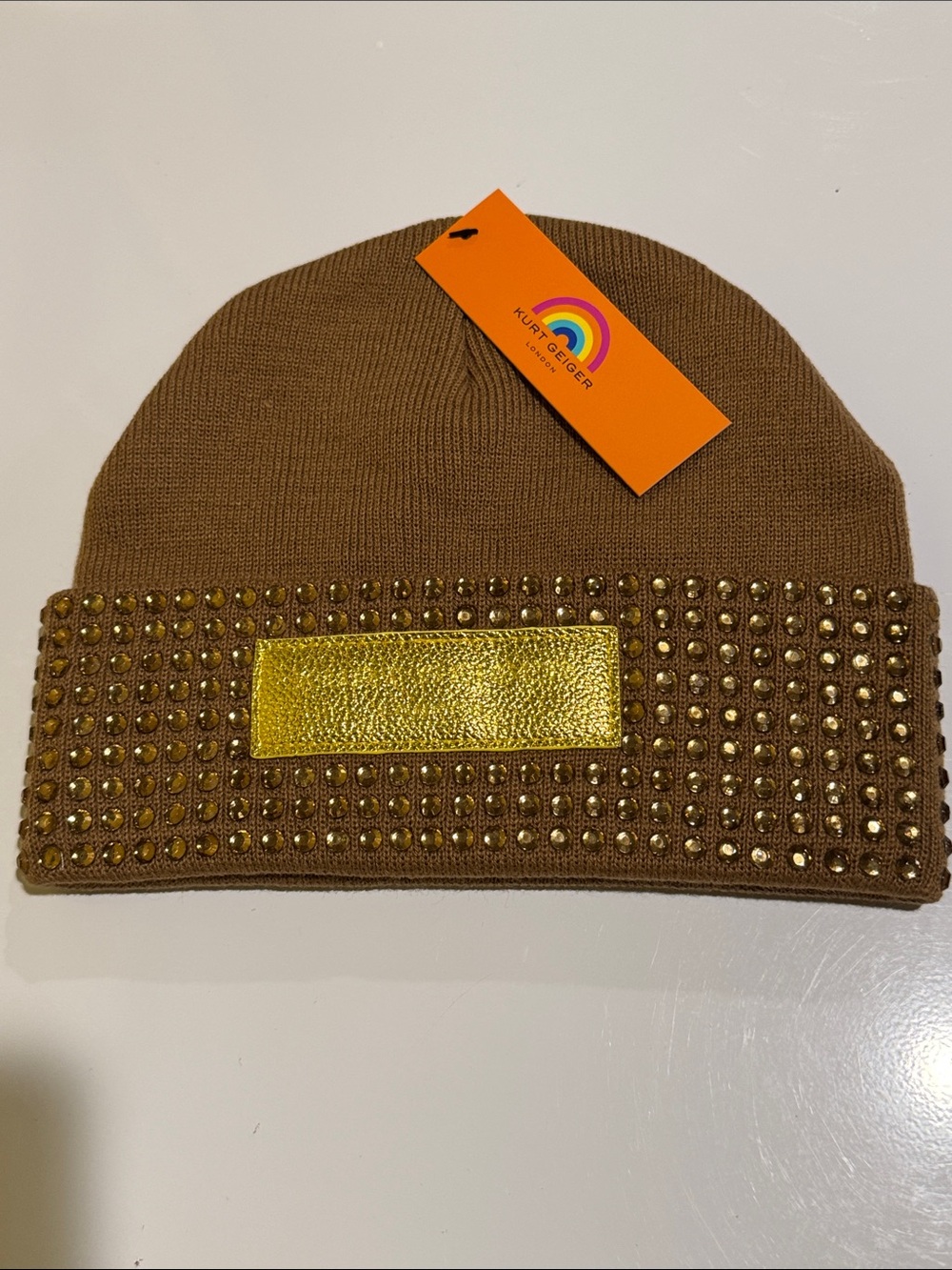 Kurt Geiger Tan Beanie with Gold Stud Detail